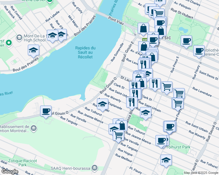 map of restaurants, bars, coffee shops, grocery stores, and more near 10925 Rue Saint-Urbain in Montréal