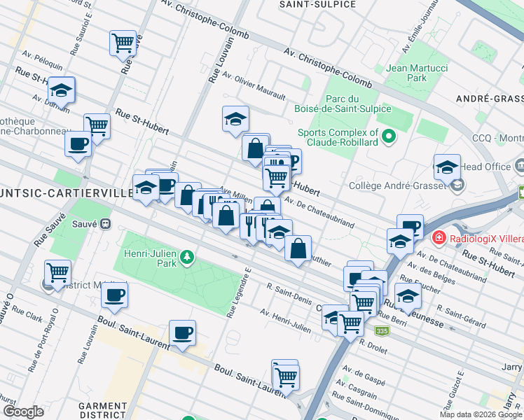 map of restaurants, bars, coffee shops, grocery stores, and more near 9130 Avenue Millen in Montréal