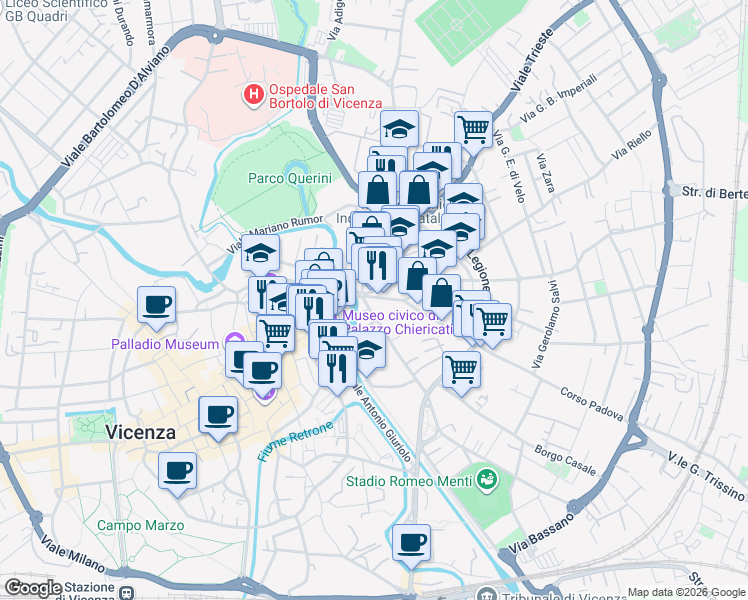map of restaurants, bars, coffee shops, grocery stores, and more near 4 Contrà XX Settembre in Vicenza