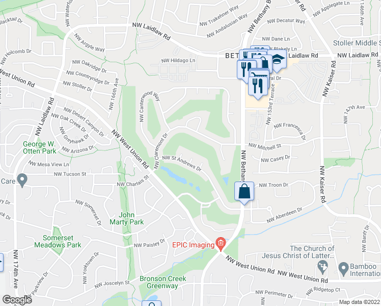 map of restaurants, bars, coffee shops, grocery stores, and more near 4159 Northwest Cleek Place in Portland