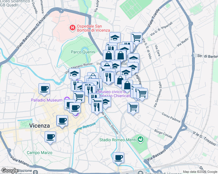 map of restaurants, bars, coffee shops, grocery stores, and more near 4 Contrà XX Settembre in Vicenza