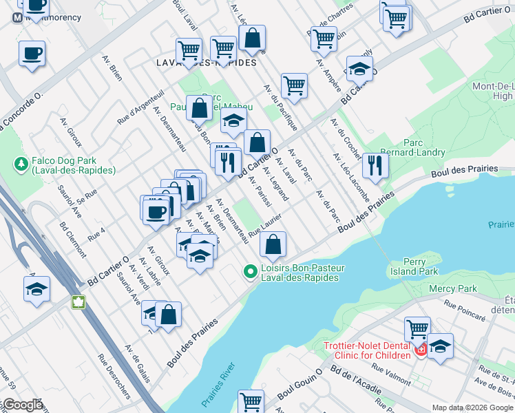 map of restaurants, bars, coffee shops, grocery stores, and more near 77 Boulevard du Bon-Pasteur in Laval