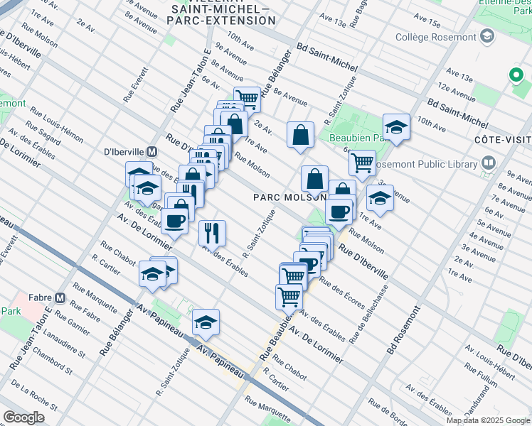 map of restaurants, bars, coffee shops, grocery stores, and more near 2457 Rue Saint-Zotique Est in Montréal