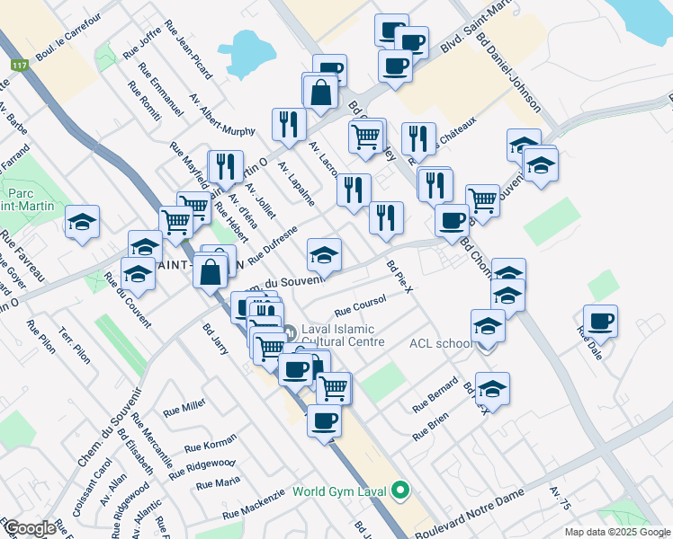 map of restaurants, bars, coffee shops, grocery stores, and more near in Laval