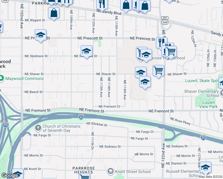 map of restaurants, bars, coffee shops, grocery stores, and more near 3735 Northeast 114th Avenue in Portland