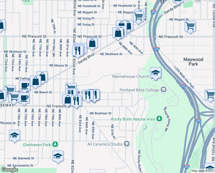 map of restaurants, bars, coffee shops, grocery stores, and more near 8643 Northeast Beech Street in Portland