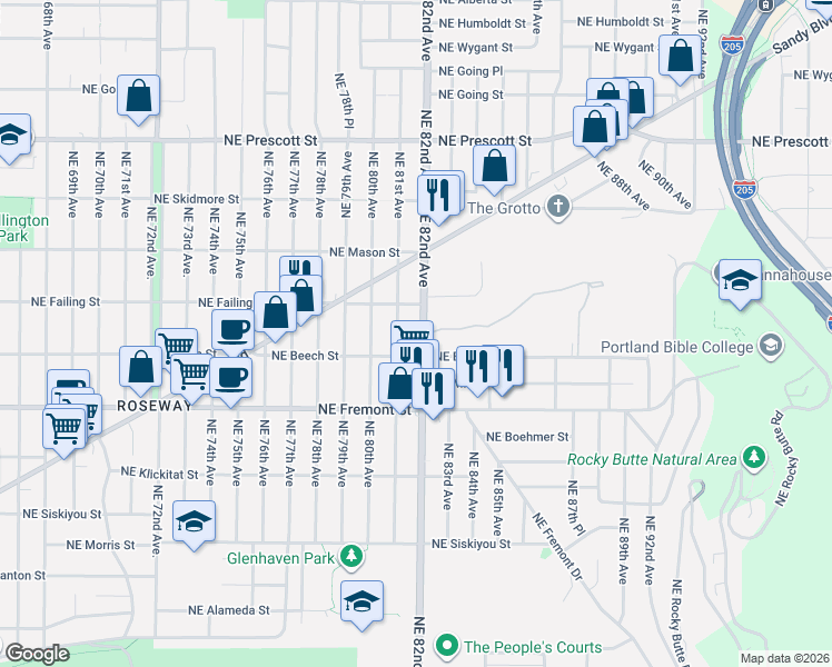 map of restaurants, bars, coffee shops, grocery stores, and more near 3828 Northeast 82nd Avenue in Portland