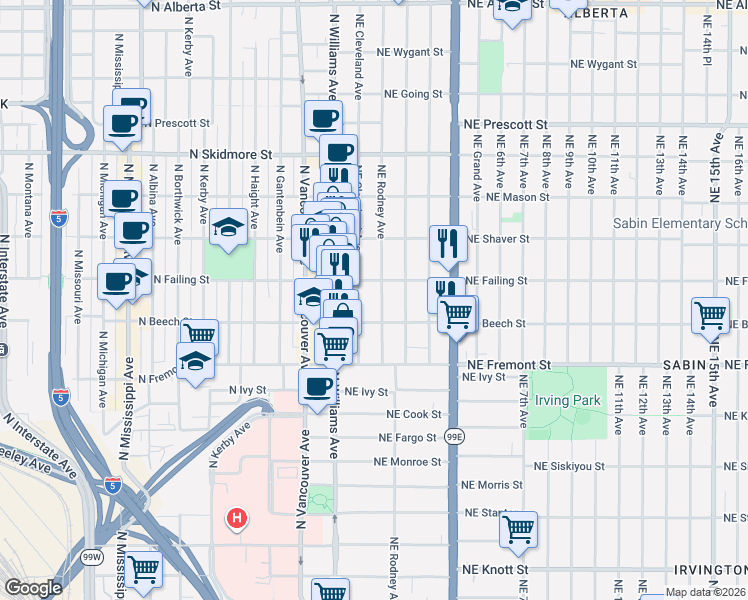 map of restaurants, bars, coffee shops, grocery stores, and more near 3826 Northeast Cleveland Avenue in Portland