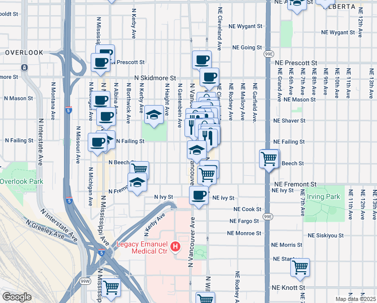 map of restaurants, bars, coffee shops, grocery stores, and more near 3828 North Gantenbein Avenue in Portland