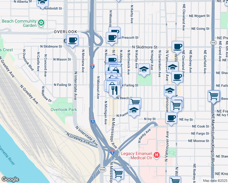 map of restaurants, bars, coffee shops, grocery stores, and more near 3855 North Mississippi Avenue in Portland