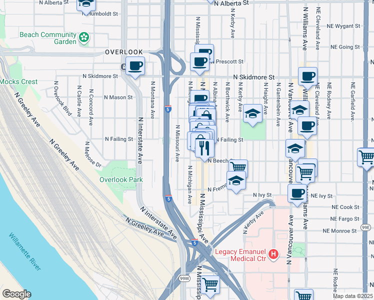map of restaurants, bars, coffee shops, grocery stores, and more near 3764 North Missouri Avenue in Portland
