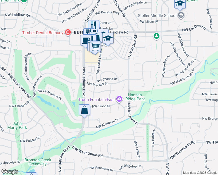 map of restaurants, bars, coffee shops, grocery stores, and more near 15230 Northwest Mitchell Street in Portland