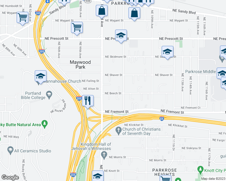 map of restaurants, bars, coffee shops, grocery stores, and more near 10331 Northeast Beech Street in Portland