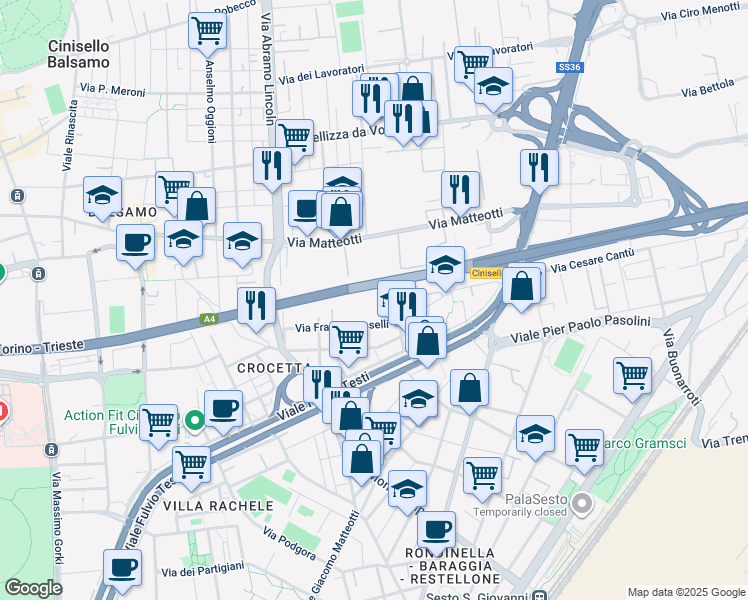 map of restaurants, bars, coffee shops, grocery stores, and more near 19 Via Sardegna in Cinisello Balsamo