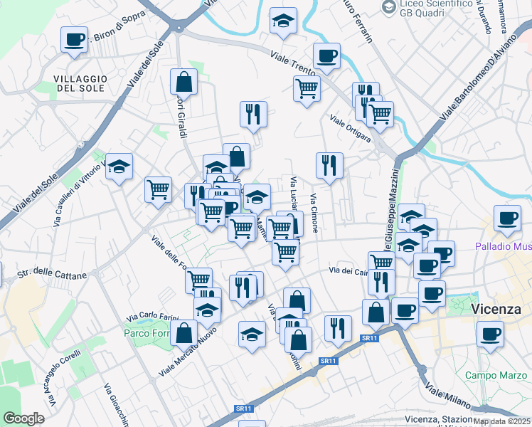 map of restaurants, bars, coffee shops, grocery stores, and more near 23 Via Emilio Morosini in Vicenza