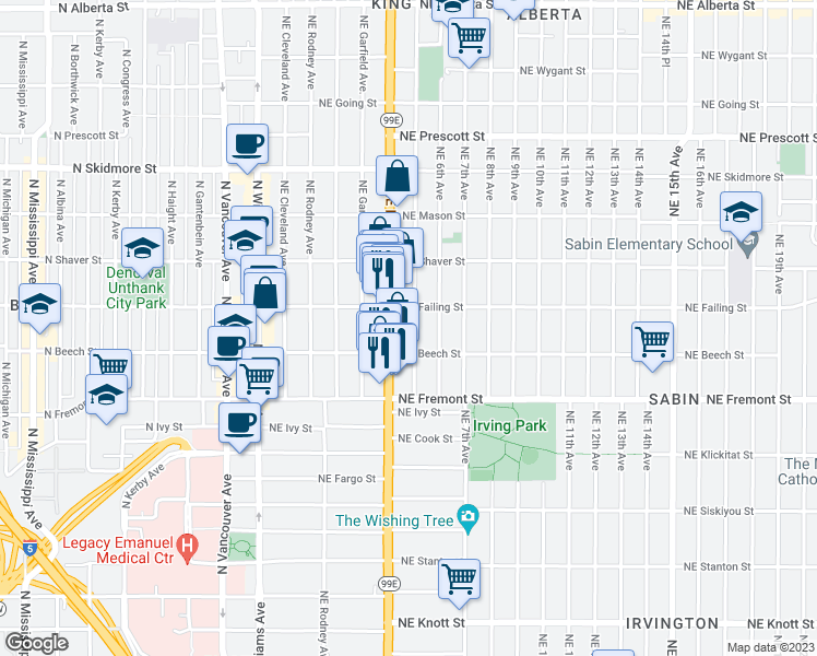 map of restaurants, bars, coffee shops, grocery stores, and more near 3807 Northeast Grand Avenue in Portland
