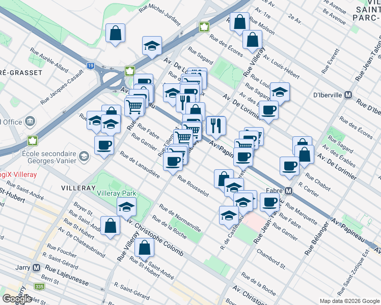 map of restaurants, bars, coffee shops, grocery stores, and more near 1560 Rue Villeray in Montréal