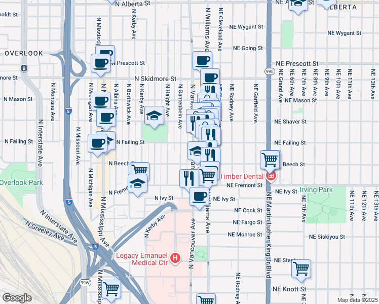 map of restaurants, bars, coffee shops, grocery stores, and more near 3828 North Gantenbein Avenue in Portland