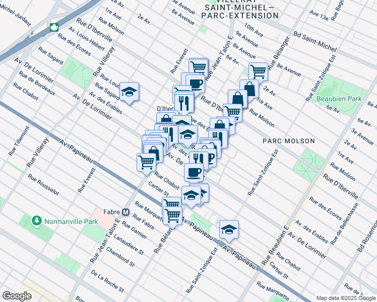 map of restaurants, bars, coffee shops, grocery stores, and more near 7081 Avenue des Érables in Montréal