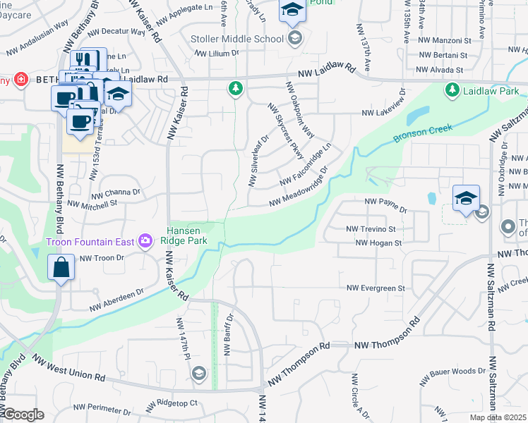 map of restaurants, bars, coffee shops, grocery stores, and more near 14331 Northwest Meadowridge Drive in Portland