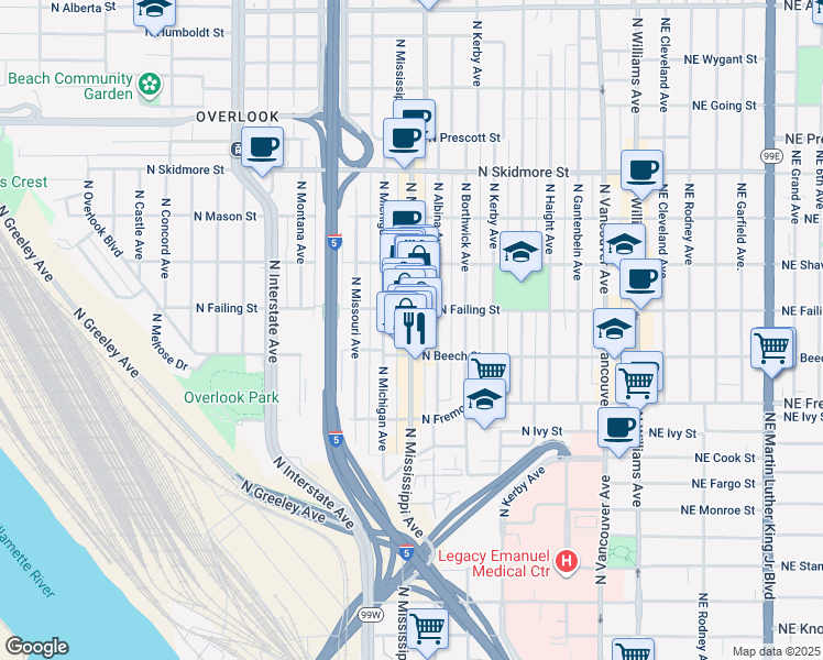 map of restaurants, bars, coffee shops, grocery stores, and more near 3810 North Mississippi Avenue in Portland