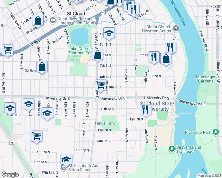 map of restaurants, bars, coffee shops, grocery stores, and more near 714 9th Street South in St. Cloud