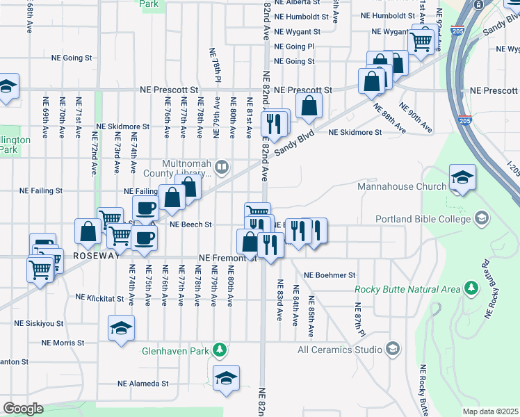 map of restaurants, bars, coffee shops, grocery stores, and more near 3828 Northeast 82nd Avenue in Portland