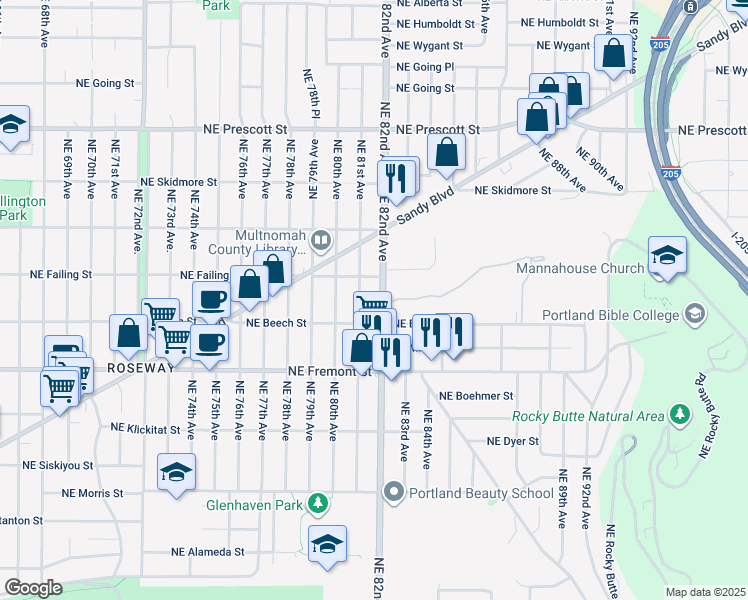 map of restaurants, bars, coffee shops, grocery stores, and more near 3828 Northeast 82nd Avenue in Portland