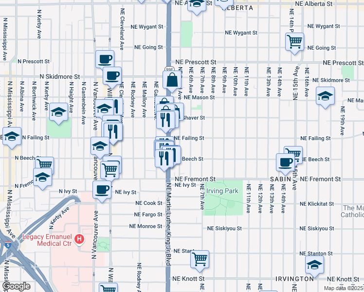 map of restaurants, bars, coffee shops, grocery stores, and more near 3827 Northeast Grand Avenue in Portland