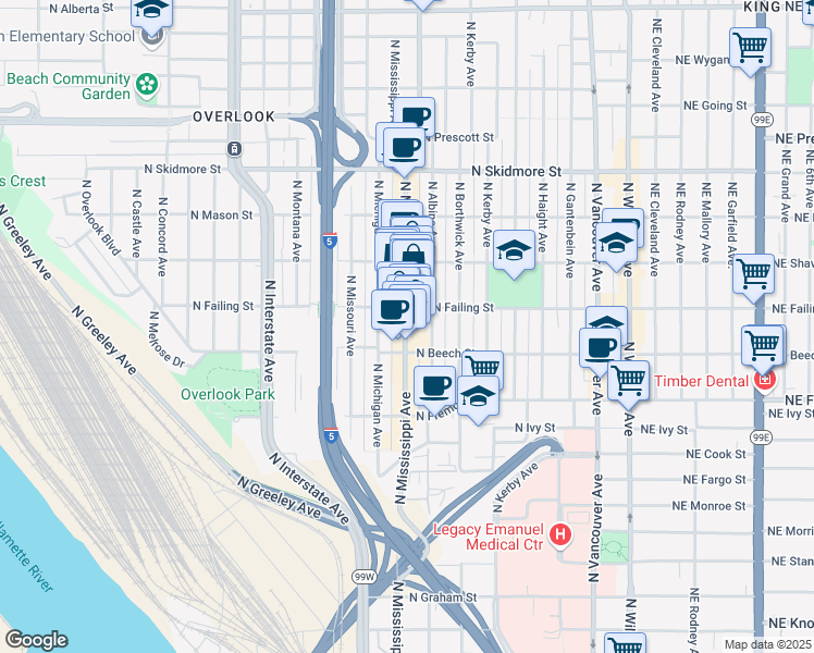 map of restaurants, bars, coffee shops, grocery stores, and more near 3855 North Mississippi Avenue in Portland