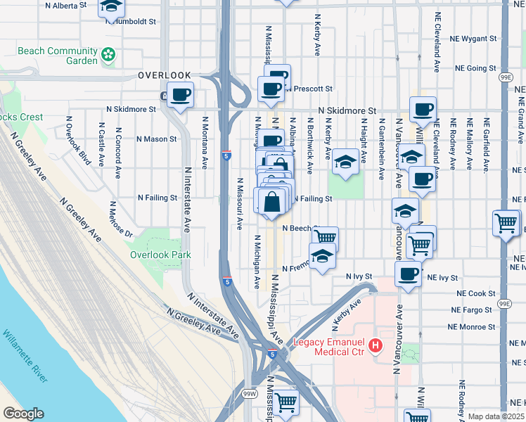 map of restaurants, bars, coffee shops, grocery stores, and more near 3855 North Mississippi Avenue in Portland