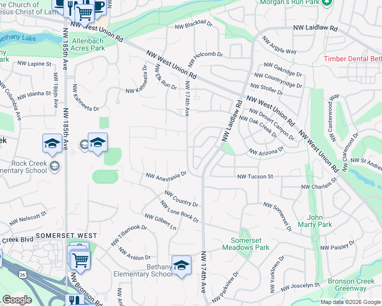 map of restaurants, bars, coffee shops, grocery stores, and more near 4255 Northwest 174th Avenue in Portland
