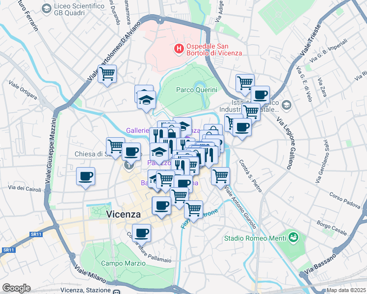 map of restaurants, bars, coffee shops, grocery stores, and more near 25 Contrà Santa Corona in Vicenza