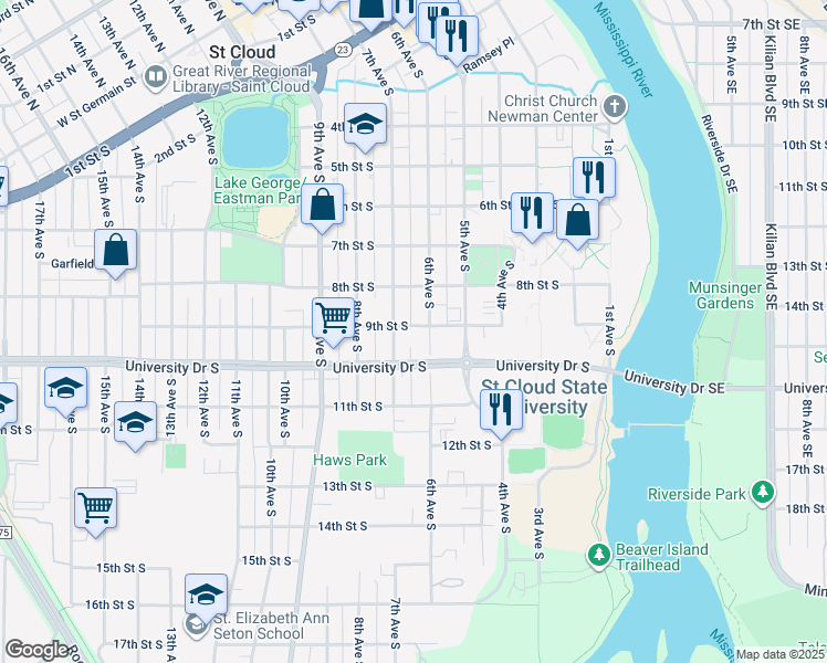 map of restaurants, bars, coffee shops, grocery stores, and more near 610 9th Street South in St. Cloud