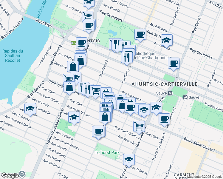 map of restaurants, bars, coffee shops, grocery stores, and more near 10354 Rue Laverdure in Montréal