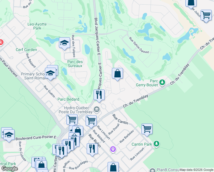 map of restaurants, bars, coffee shops, grocery stores, and more near 2216 Rue des Crocus in Longueuil