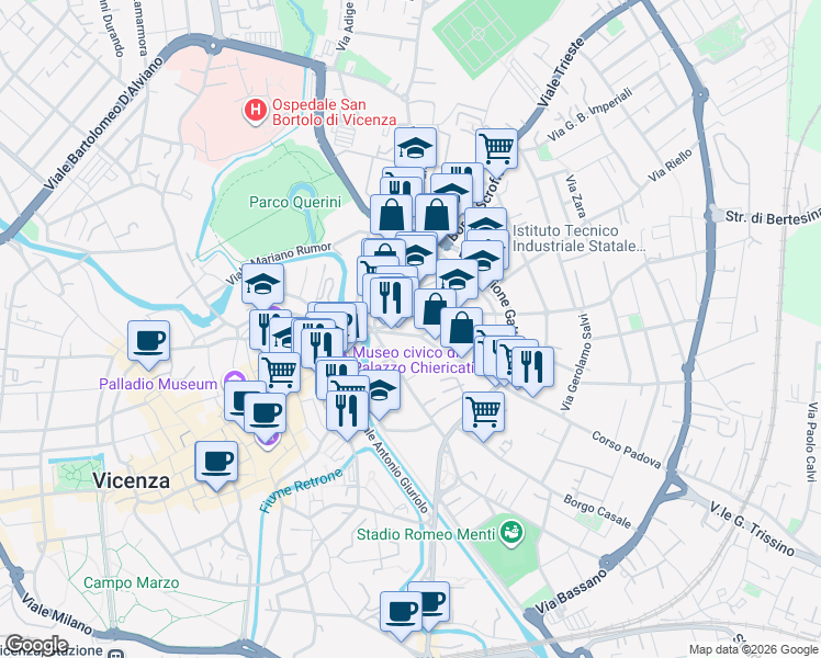 map of restaurants, bars, coffee shops, grocery stores, and more near Via San Domenico in Vicenza