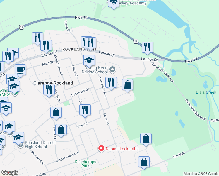 map of restaurants, bars, coffee shops, grocery stores, and more near 243 Sandra Crescent in Clarence-Rockland