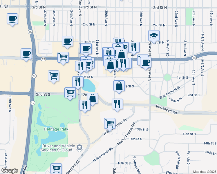 map of restaurants, bars, coffee shops, grocery stores, and more near 121 29th Avenue South in St. Cloud