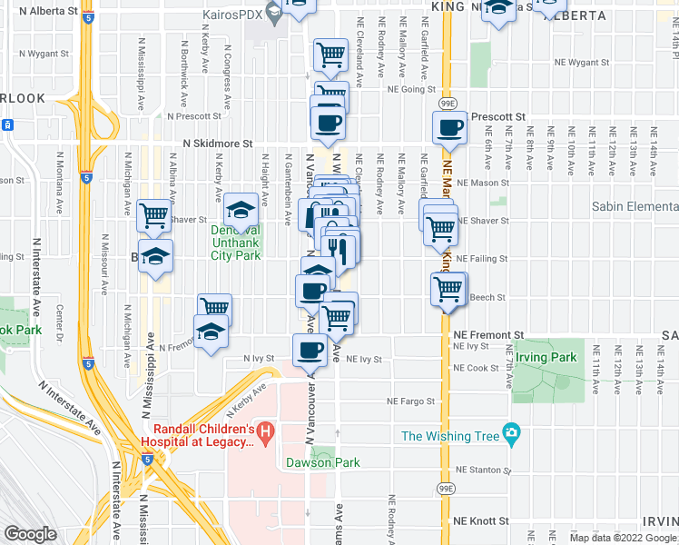 map of restaurants, bars, coffee shops, grocery stores, and more near 3808 North Williams Avenue in Portland