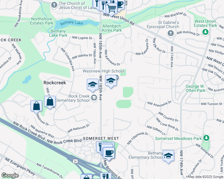 map of restaurants, bars, coffee shops, grocery stores, and more near 4200 Northwest 185th Avenue in Portland