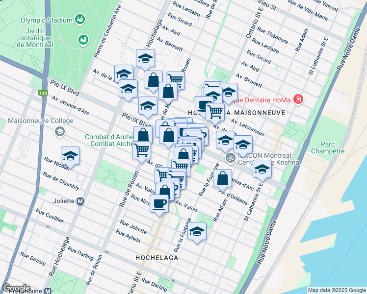 map of restaurants, bars, coffee shops, grocery stores, and more near 4047 Rue Ontario East in Montréal