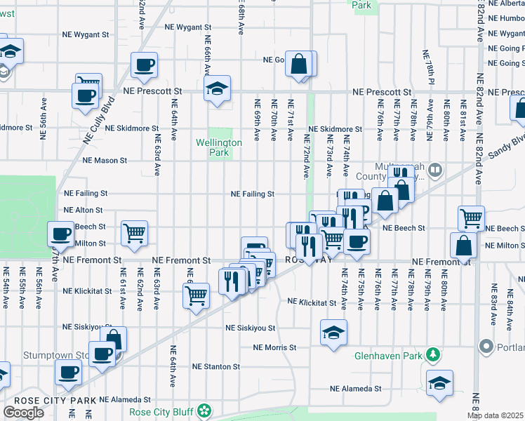 map of restaurants, bars, coffee shops, grocery stores, and more near 3746 Northeast 69th Avenue in Portland