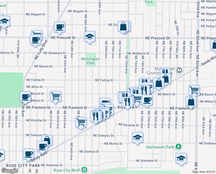 map of restaurants, bars, coffee shops, grocery stores, and more near 3746 Northeast 69th Avenue in Portland