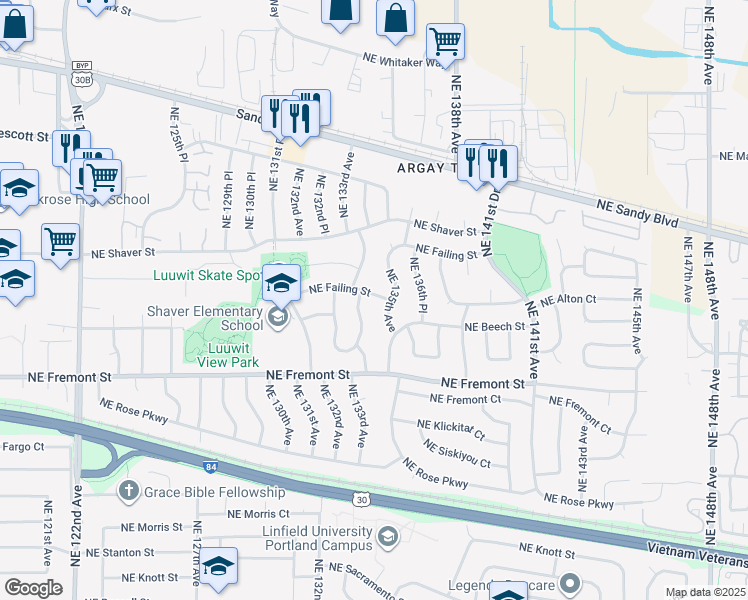 map of restaurants, bars, coffee shops, grocery stores, and more near 13424 Northeast Failing Street in Portland