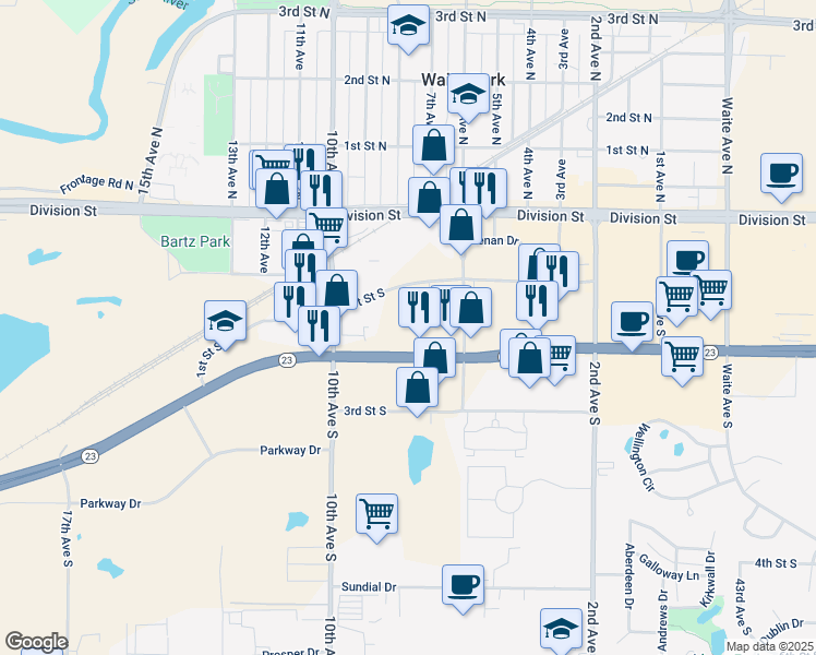 map of restaurants, bars, coffee shops, grocery stores, and more near 175 7th Avenue South in Waite Park