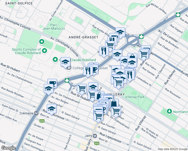 map of restaurants, bars, coffee shops, grocery stores, and more near 1100 Boulevard Crémazie Est in Montréal
