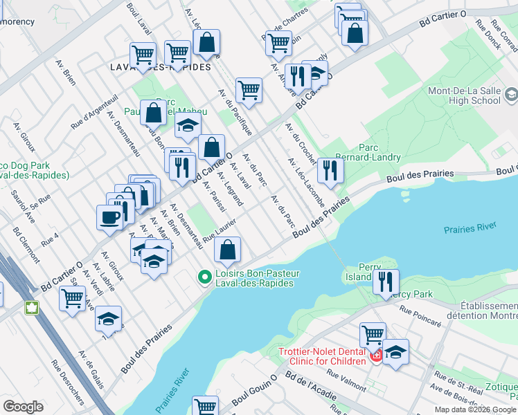 map of restaurants, bars, coffee shops, grocery stores, and more near 46 Avenue Laval in Laval