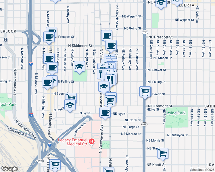 map of restaurants, bars, coffee shops, grocery stores, and more near 3836 North Vancouver Avenue in Portland