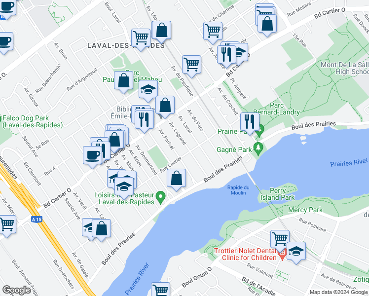 map of restaurants, bars, coffee shops, grocery stores, and more near 56 Avenue Legrand in Laval